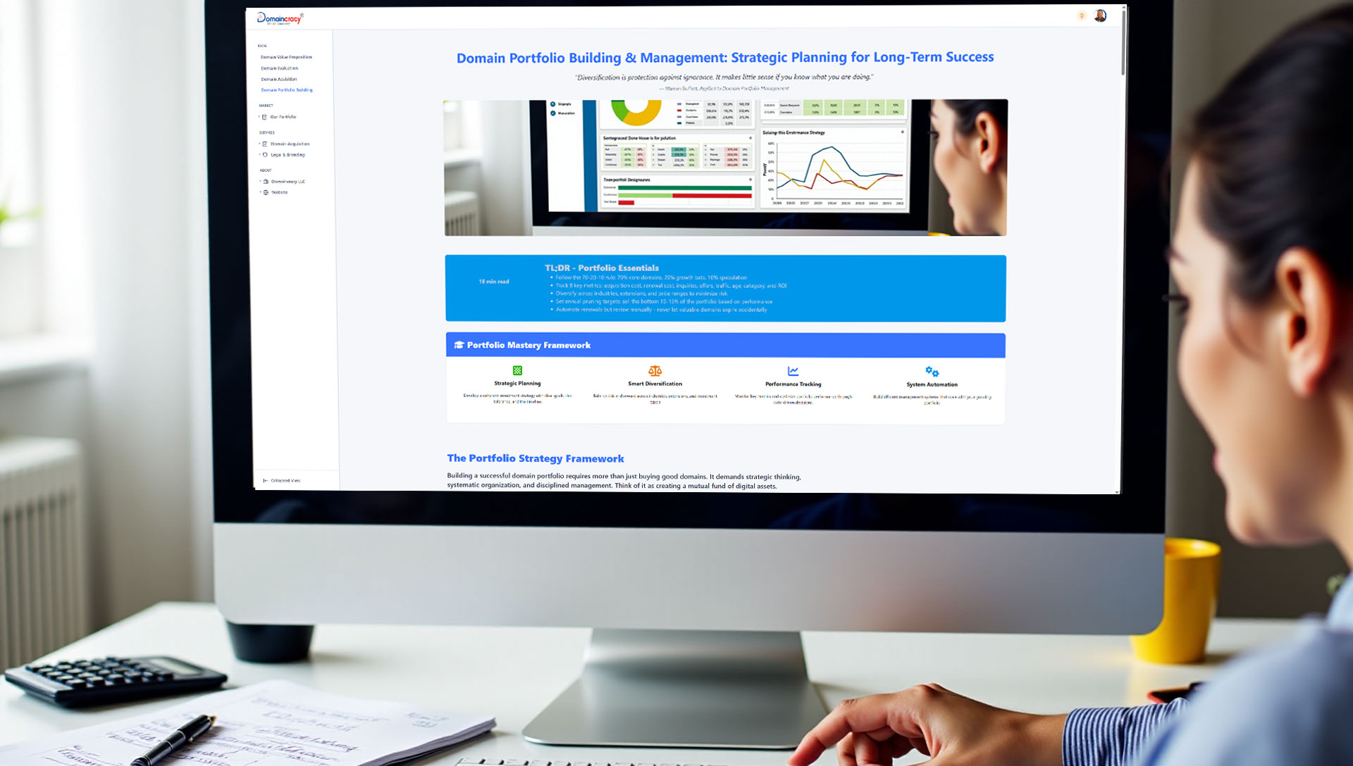 Professional dashboard showing domain portfolio analytics, performance metrics, renewal calendars, and strategic allocation charts for comprehensive domain investment management