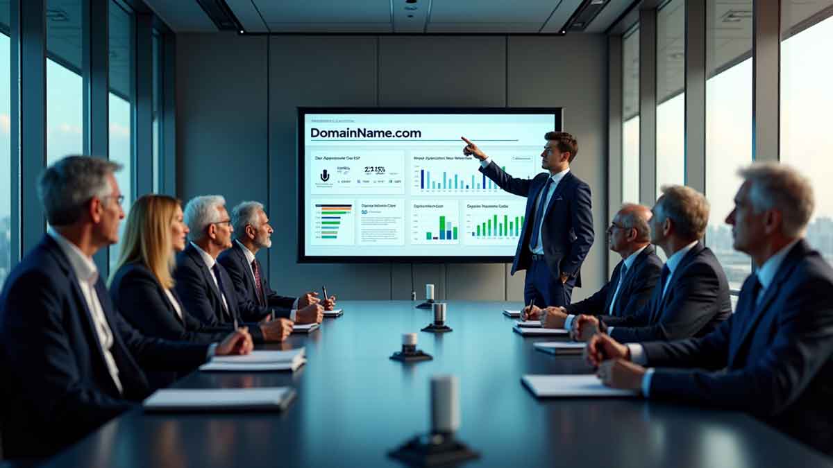 Digital analytics dashboard showing domain evaluation metrics and charts representing domain appraisal process
