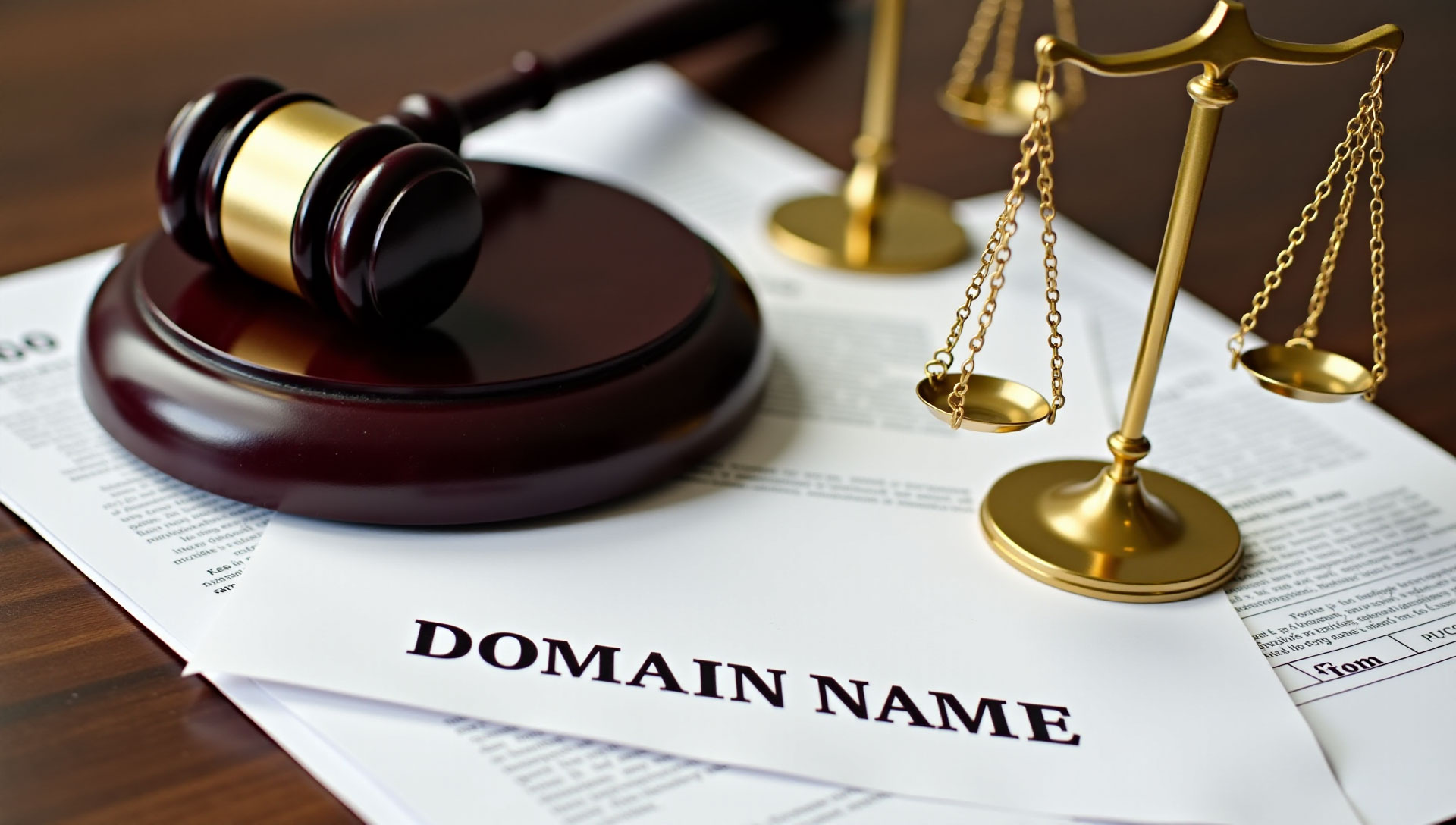 Legal documents, gavel, scales of justice, and domain name symbols representing intellectual property protection and compliance in domain investing